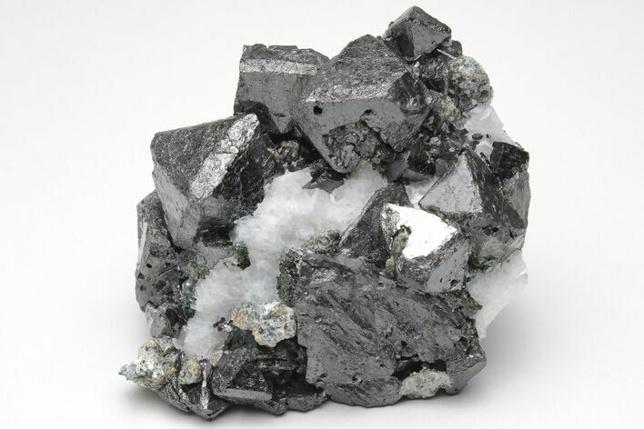 Octahedral Magnetite Crystals On Calcite - Russia #209434